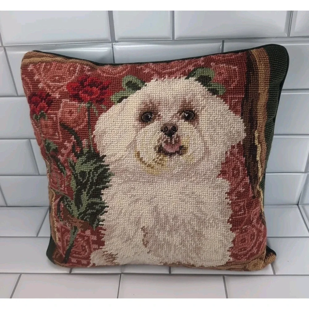 Vintage Maltese Dog Needlepoint Pillow 13